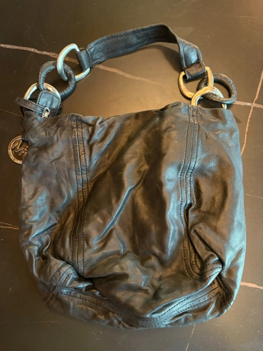 Michael Kors Black Leather Ring Hobo Shoulder Bag MK Charm Garage Blowout